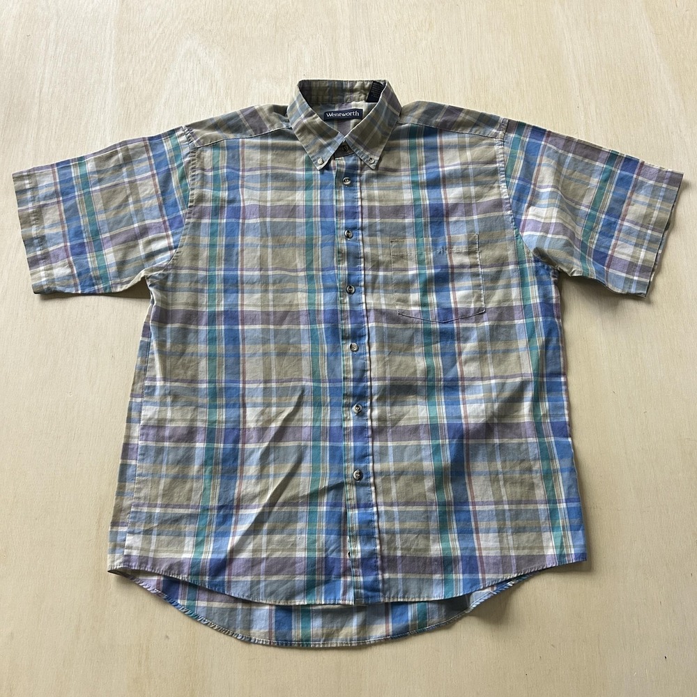 Vintage Wentworth Shirt Mens Medium Blue Plaid‎ Short Sleeve Button Up Hong Kong